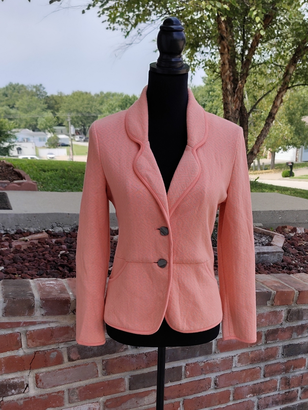 Pendleton 100% Cotton Knit Diamond Pattern Button Blazer Size SP Coral Pink Y2K